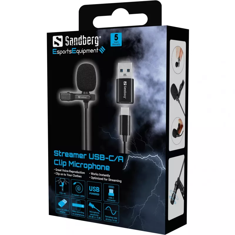 Sandberg Microfone de clipe USB Streamer, microfone lavalier/de lapela, -38 dB, 50 - 18000 Hz, 16 Bit, 48 kHz, 84 dB