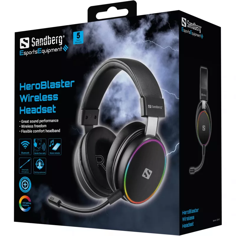 Sandberg Headset sem fios HeroBlaster, com fios e sem fios, 20 - 20000 Hz, gaming, 300 g, headset, preto