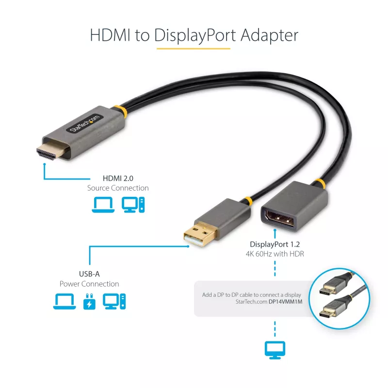 StarTech.com Cabo adaptador HDMI para DisplayPort de 30cm, conversor ativo 4K 60Hz HDMI 2.0 para DP 1.2, HDR, alimentação por bus USB, fonte HDMI para monitor DisplayPort para portáteis/PCs