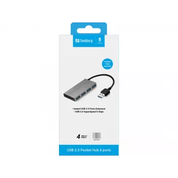 Sandberg Hub de bolso USB 3.0 4 portas, USB 3.2 Gen 1 (3.1 Gen 1) Type-A, USB 3.2 Gen 1 (3.1 Gen 1) Type-A, 5000 Mbit/s, branco, alumínio, RoHS