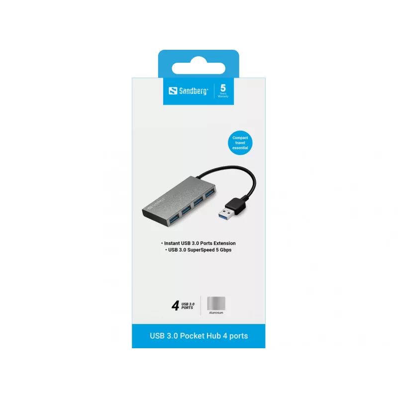 Sandberg Hub de bolso USB 3.0 4 portas, USB 3.2 Gen 1 (3.1 Gen 1) Type-A, USB 3.2 Gen 1 (3.1 Gen 1) Type-A, 5000 Mbit/s, branco, alumínio, RoHS