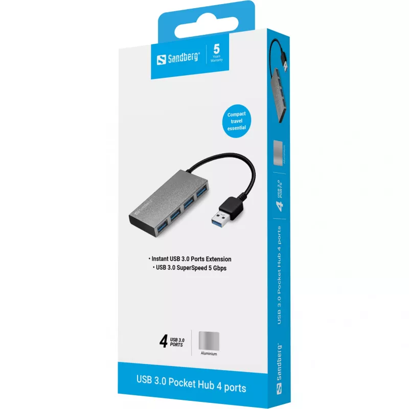 Sandberg Hub de bolso USB 3.0 4 portas, USB 3.2 Gen 1 (3.1 Gen 1) Type-A, USB 3.2 Gen 1 (3.1 Gen 1) Type-A, 5000 Mbit/s, branco, alumínio, RoHS