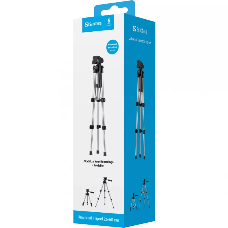 Sandberg Tripé universal 26-60 cm, 3 pernas, preto, prateado, 60 cm