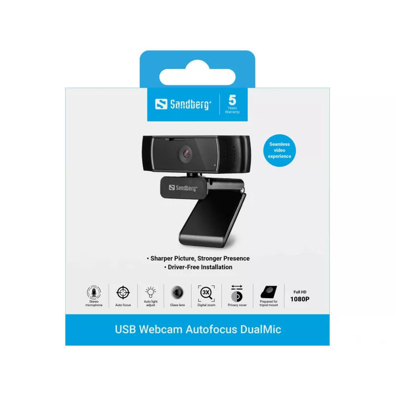 Sandberg Webcam USB Autofocus DualMic, 2,07 MP, 1920 x 1080 píxeis, Full HD, 30 fps, 70°, 70°