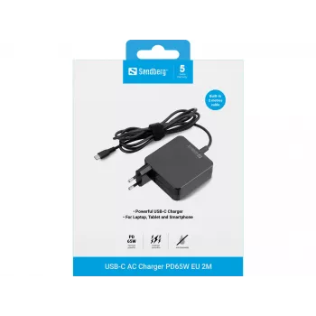 Sandberg Carregador USB-C AC PD65W EU 2M, interior, AC, 20 V, 1 m, preto