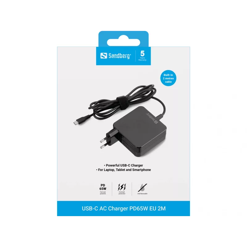 Sandberg Carregador USB-C AC PD65W EU 2M, interior, AC, 20 V, 1 m, preto
