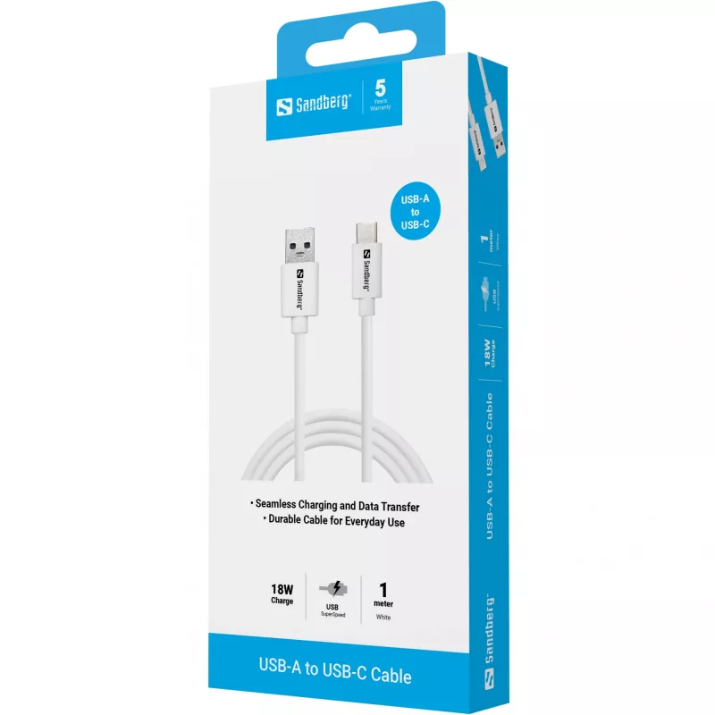 Sandberg USB-C 3.1 USB-A 3.0 1M, 1 m, USB A, USB C, USB 3.2 Gen 1 (3.1 Gen 1), macho/macho, branco