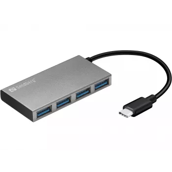 Sandberg Hub de bolso USB-C para 4x USB 3.0, USB 3.2 Gen 1 (3.1 Gen 1) Type-C, USB 3.2 Gen 1 (3.1 Gen 1) Type-A, branco, alumínio, RoHS, Windows 10, Windows 7, Windows 8