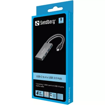 Sandberg Hub de bolso USB-C para 4x USB 3.0, USB 3.2 Gen 1 (3.1 Gen 1) Type-C, USB 3.2 Gen 1 (3.1 Gen 1) Type-A, branco, alumínio, RoHS, Windows 10, Windows 7, Windows 8
