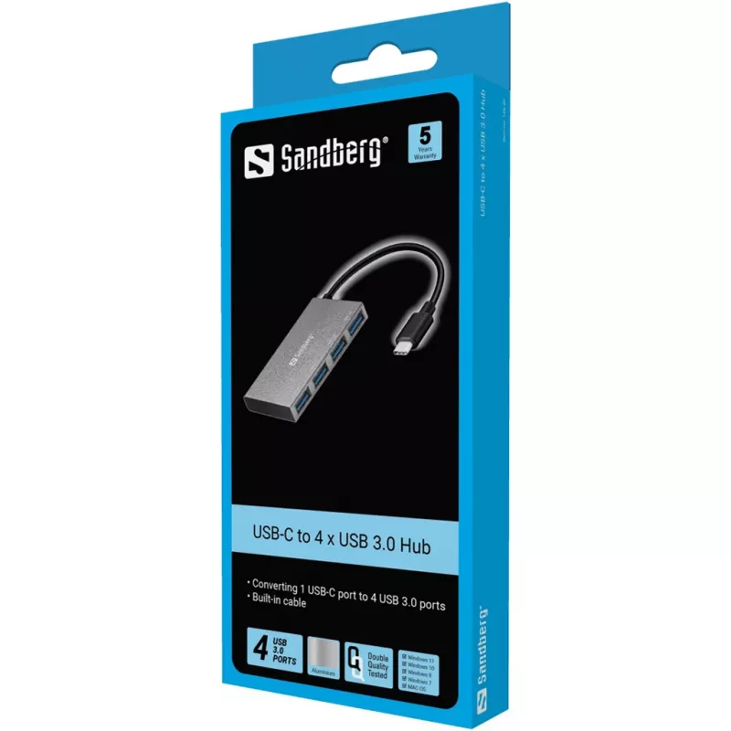 Sandberg 136-20 hub de bolso de USB-C para 4x USB 3.0, alumínio, cinzento