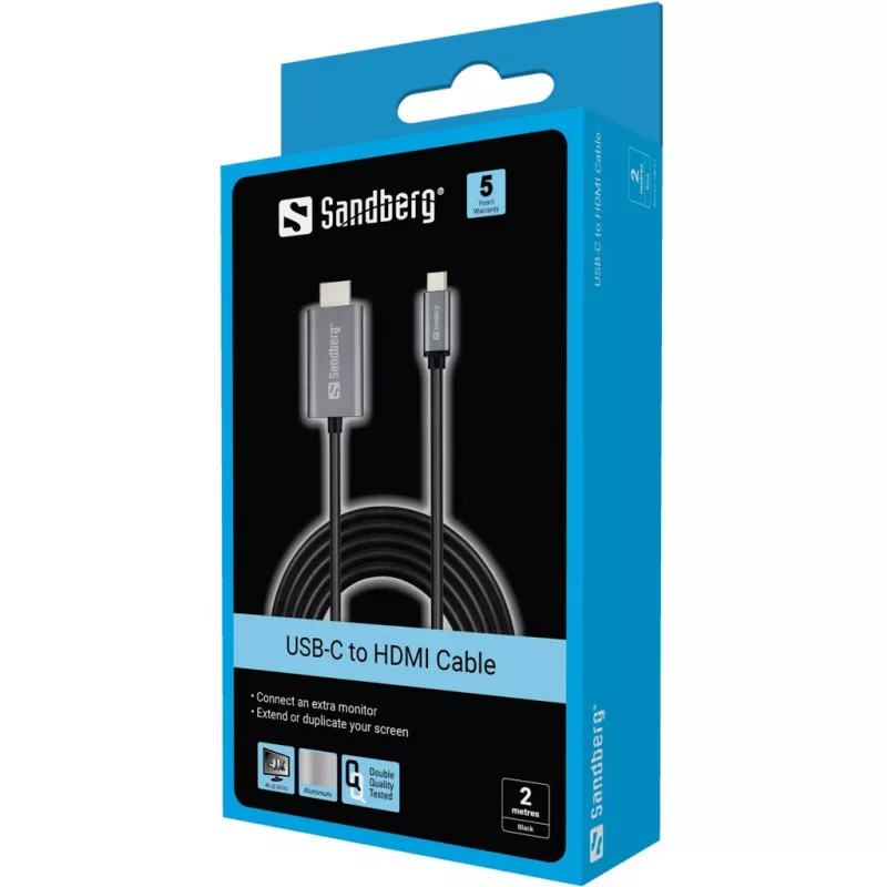 Cabo Sandberg USB-C para HDMI 2M, 2 m, USB Type-C, HDMI, macho, macho, reto
