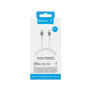 Sandberg USB-C PD para Lightning MFI 1M PRO, 1 m, Lightning, USB C, macho, macho, branco