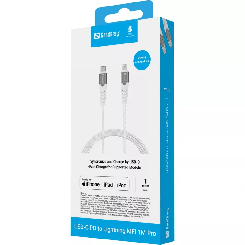 Sandberg USB-C PD para Lightning MFI 1M PRO, 1 m, Lightning, USB C, macho, macho, branco