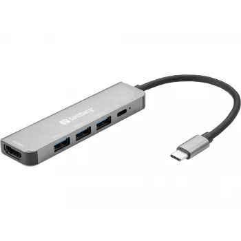 Dock Sandberg USB-C HDMI+3xUSB+PD 100W, com fios, USB 3.2 Gen 1 (3.1 Gen 1) Type-C, 100 W, cinzento, 4K Ultra HD, alumínio