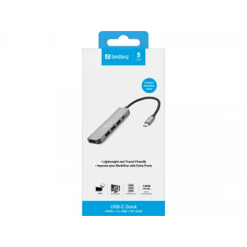 Dock Sandberg USB-C HDMI+3xUSB+PD 100W, com fios, USB 3.2 Gen 1 (3.1 Gen 1) Type-C, 100 W, cinzento, 4K Ultra HD, alumínio