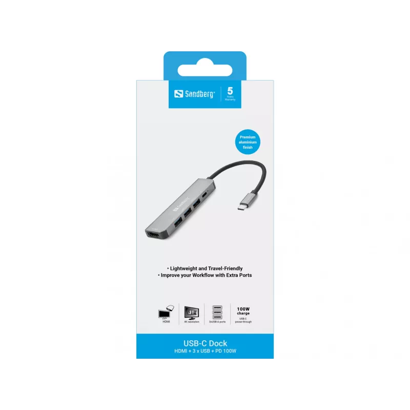 Dock Sandberg USB-C HDMI+3xUSB+PD 100W, com fios, USB 3.2 Gen 1 (3.1 Gen 1) Type-C, 100 W, cinzento, 4K Ultra HD, alumínio