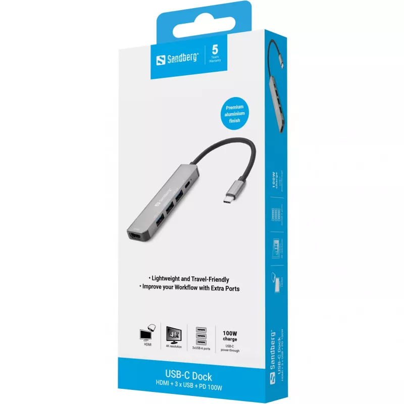 Dock Sandberg USB-C HDMI+3xUSB+PD 100W, com fios, USB 3.2 Gen 1 (3.1 Gen 1) Type-C, 100 W, cinzento, 4K Ultra HD, alumínio