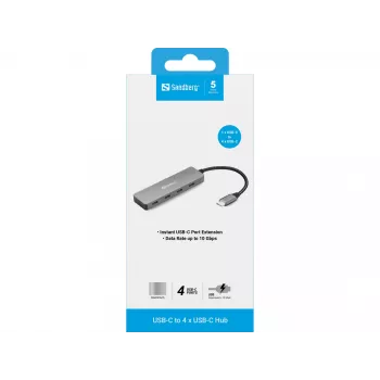 Hub Sandberg USB-C para 4 x USB-C, USB 3.2 Gen 1 (3.1 Gen 1) Type-C, USB 3.2 Gen 1 (3.1 Gen 1) Type-C, 10000 Mbit/s, cinzento, alumínio, 0,15 m