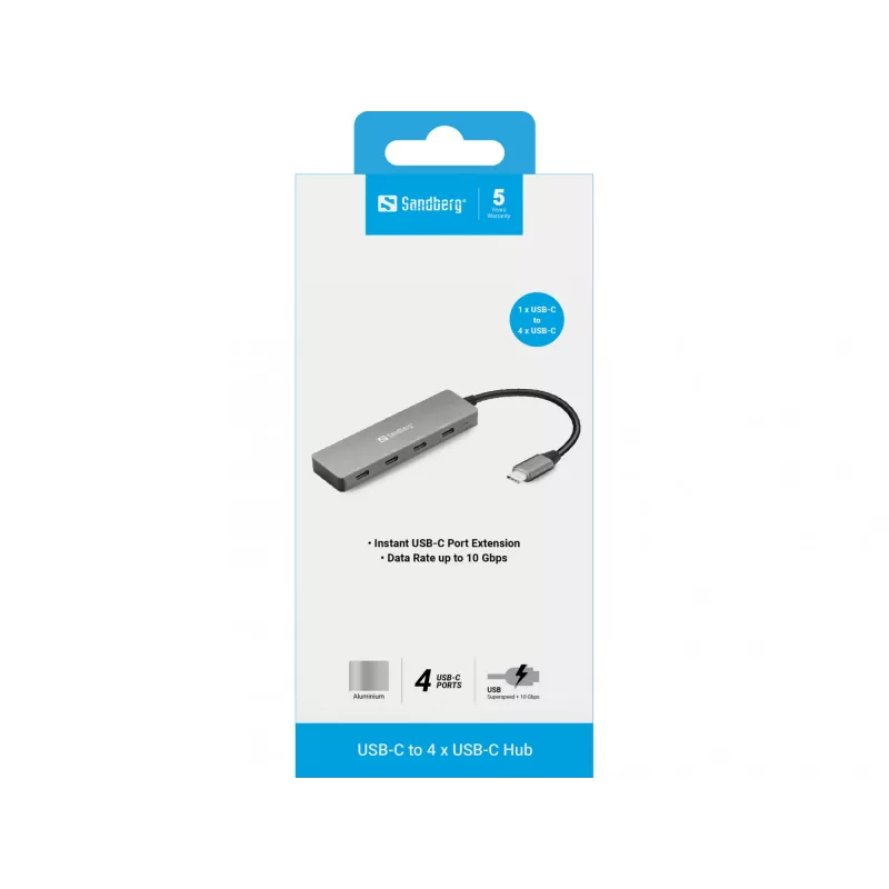 Sandberg 136-41 hub de USB-C para 4x USB-C, USB-C 3.1, 10 Gbit/s, alumínio, cabo de 0,15 m