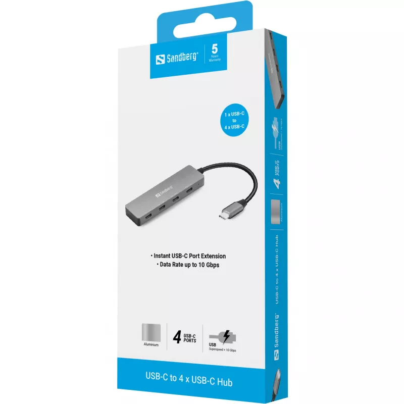 Sandberg 136-41 hub de USB-C para 4x USB-C, USB-C 3.1, 10 Gbit/s, alumínio, cabo de 0,15 m