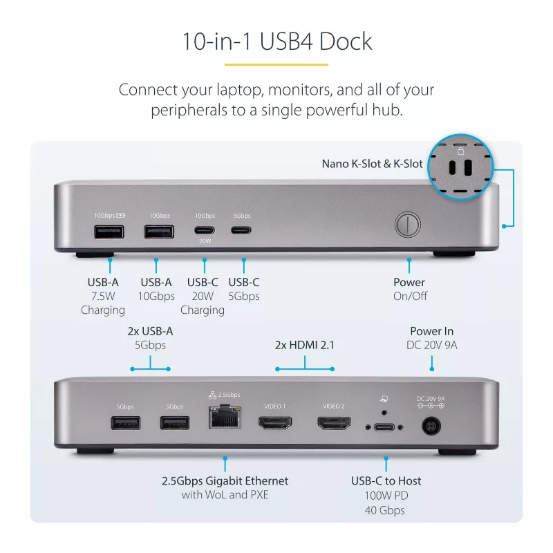 Docking station StarTech.com USB4 para dois monitores, HDMI duplo 4K 120Hz ou único 8K 60Hz, carregamento de portátil 100W, 2,5GbE, dock USB-C multi-monitor, sem drivers