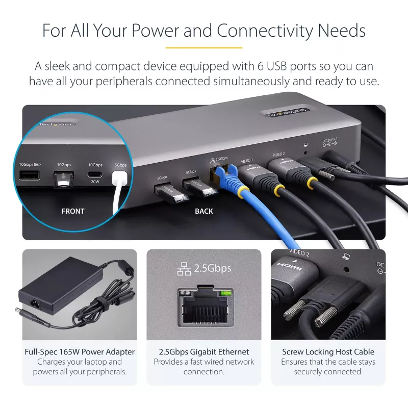 Docking station StarTech.com USB4 para dois monitores, HDMI duplo 4K 120Hz ou único 8K 60Hz, carregamento de portátil 100W, 2,5GbE, dock USB-C multi-monitor, sem drivers