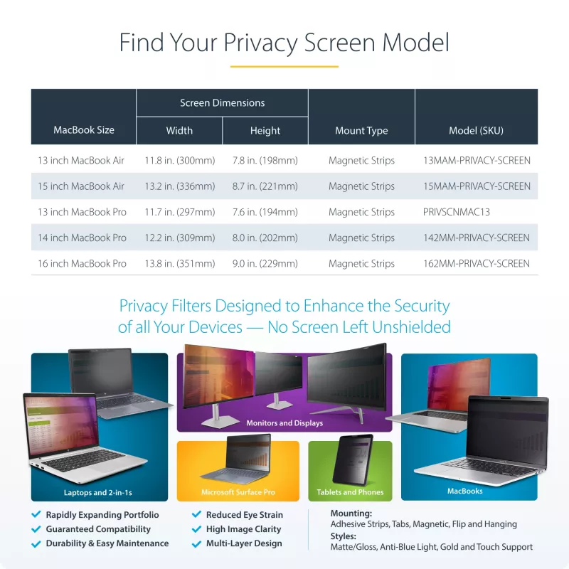 Filtro de privacidade StarTech.com para portátil MacBook Pro 21/23 de 16 polegadas, filtro de privacidade antirreflexo removível e reversível, proteção magnética para ecrã de portátil com redução de 51% de luz azul