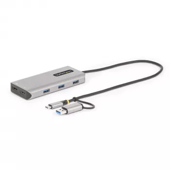 Adaptador multiportas StarTech.com USB-C com dongle USB-C para USB-A acoplado, HDMI duplo (4K30Hz/1080p60Hz), 3x USB-A 5Gbps, mini dock de viagem, docking station para portátil, cabo de 1,3ft/40cm