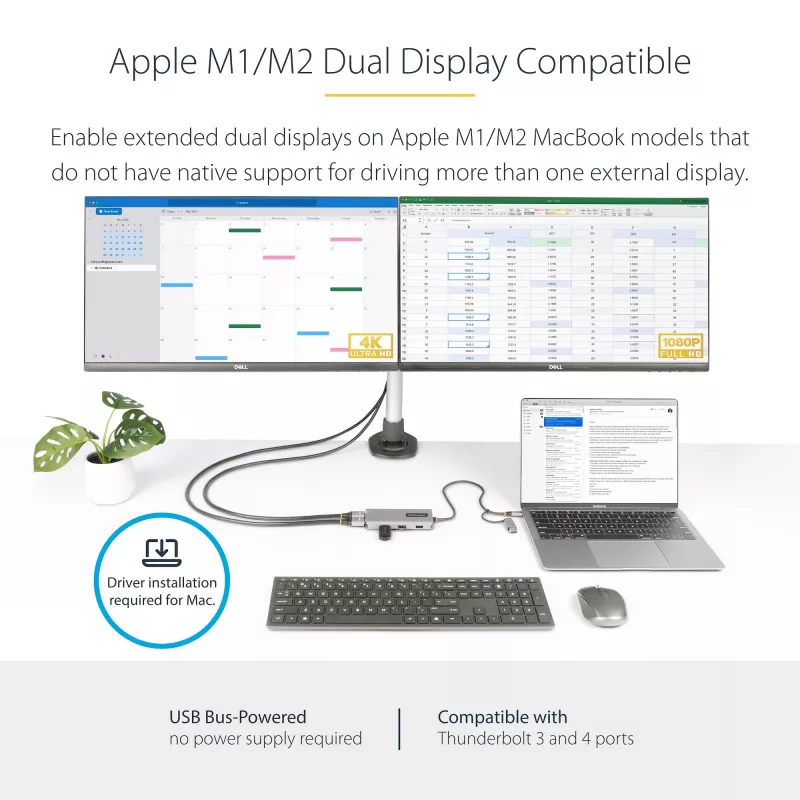 Adaptador multiportas StarTech.com USB-C com dongle USB-C para USB-A acoplado, HDMI duplo (4K30Hz/1080p60Hz), 3x USB-A 5Gbps, mini dock de viagem, docking station para portátil, cabo de 1,3ft/40cm