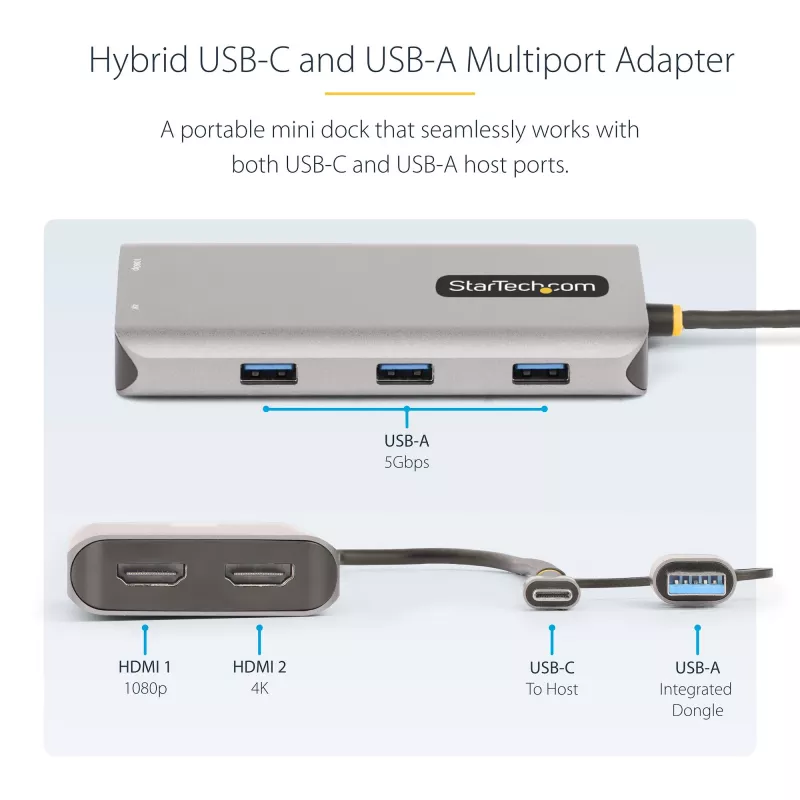 Adaptador multiportas StarTech.com USB-C com dongle USB-C para USB-A acoplado, HDMI duplo (4K30Hz/1080p60Hz), 3x USB-A 5Gbps, mini dock de viagem, docking station para portátil, cabo de 1,3ft/40cm