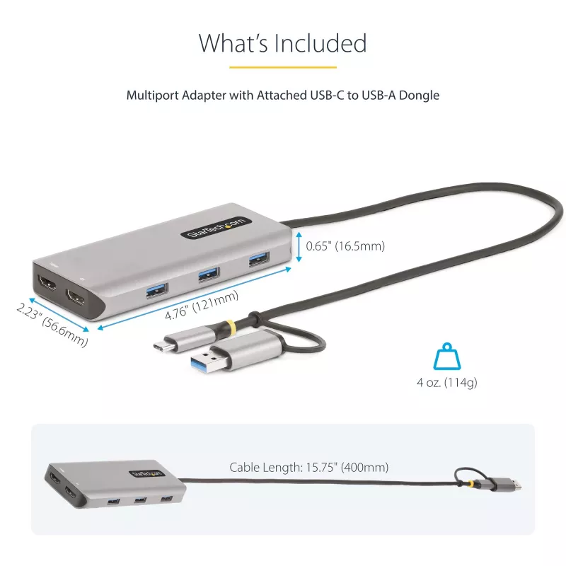 Adaptador multiportas StarTech.com USB-C com dongle USB-C para USB-A acoplado, HDMI duplo (4K30Hz/1080p60Hz), 3x USB-A 5Gbps, mini dock de viagem, docking station para portátil, cabo de 1,3ft/40cm