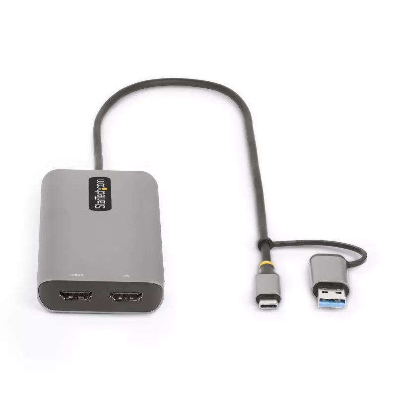 Adaptador multiportas StarTech.com USB-C com dongle USB-C para USB-A acoplado, HDMI duplo (4K30Hz/1080p60Hz), 3x USB-A 5Gbps, mini dock de viagem, docking station para portátil, cabo de 1,3ft/40cm