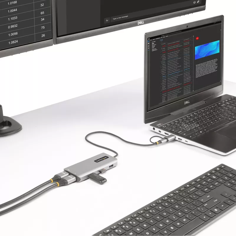 Adaptador multiportas StarTech.com USB-C com dongle USB-C para USB-A acoplado, HDMI duplo (4K30Hz/1080p60Hz), 3x USB-A 5Gbps, mini dock de viagem, docking station para portátil, cabo de 1,3ft/40cm