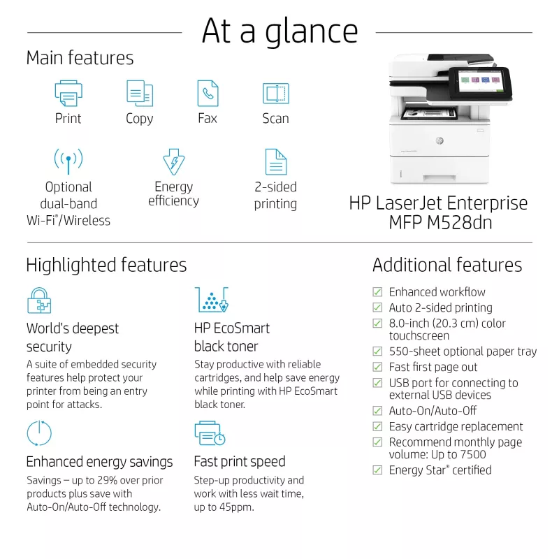 HP LaserJet Enterprise MFP M528dn, laser, impressão mono, 1200 x 1200 DPI, A4, impressão direta, preto, branco