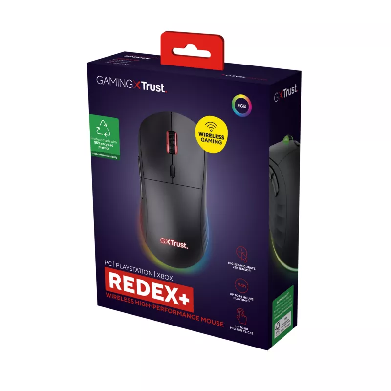 Trust GXT 927 Redex+ Rato gaming, destro, RF sem fios + USB Type-A, laser, 25600 DPI
