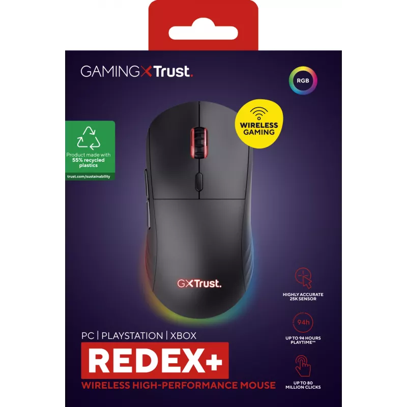 Trust GXT 927 Redex+ Rato gaming, destro, RF sem fios + USB Type-A, laser, 25600 DPI