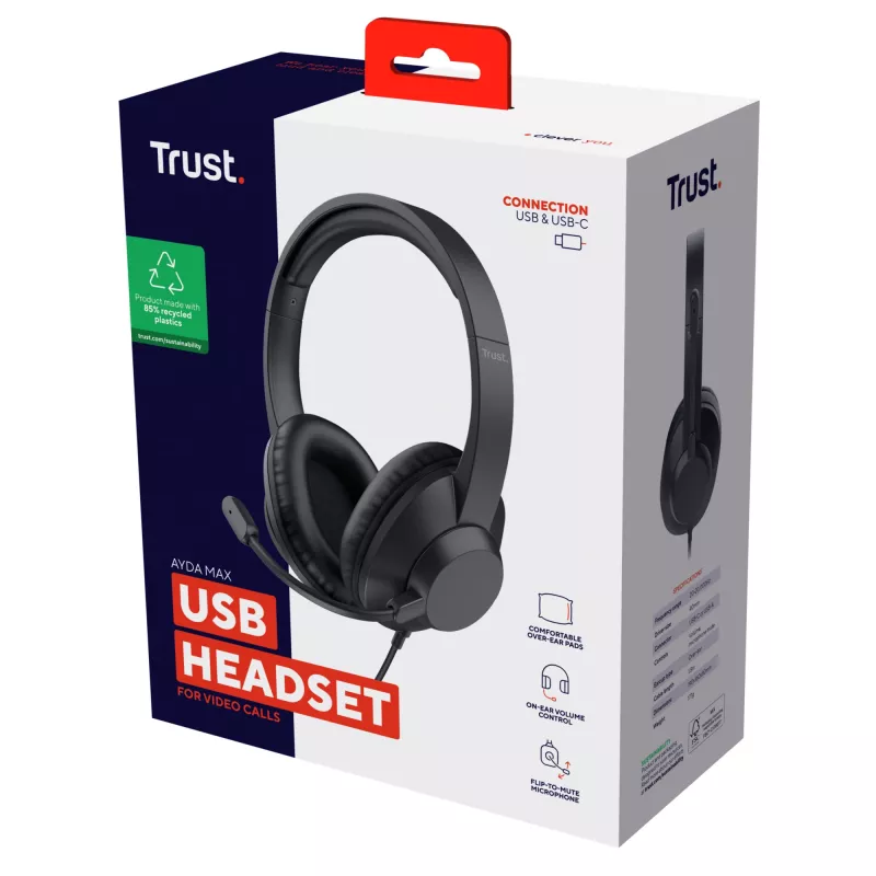 Trust Ayda Max USB Headset com fios, arco de cabeça, escritório/call center, USB Type-C / USB Type-A, preto