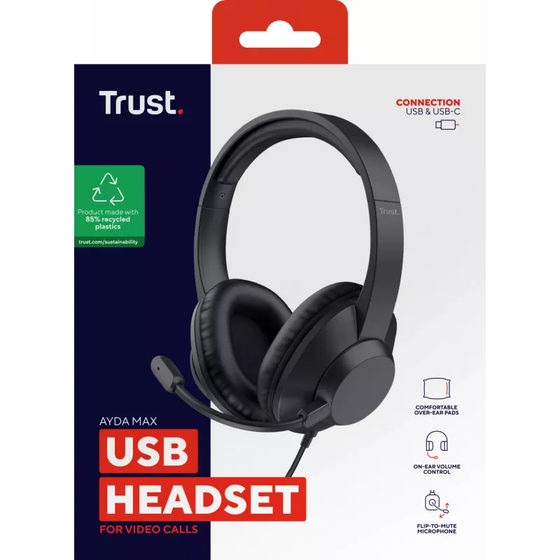 Trust Ayda Max USB Headset com fios, arco de cabeça, escritório/call center, USB Type-C / USB Type-A, preto