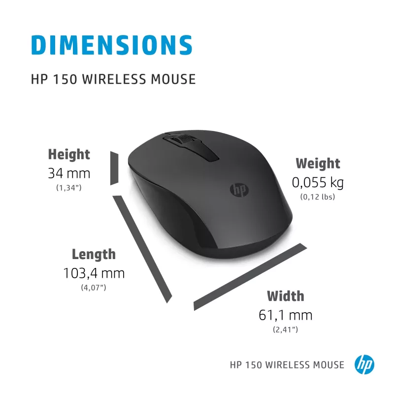 Rato sem fios HP 150, ambidestro, ótico, RF sem fios, 1600 dpi, preto