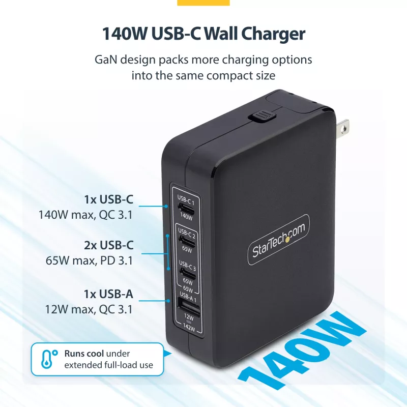 Carregador de parede StarTech.com 140W USB-C, 3x USB-C/1x USB-A, PD 3.1 fonte de alimentação GaN internacional para MacBook/Dell XPS/Inspiron