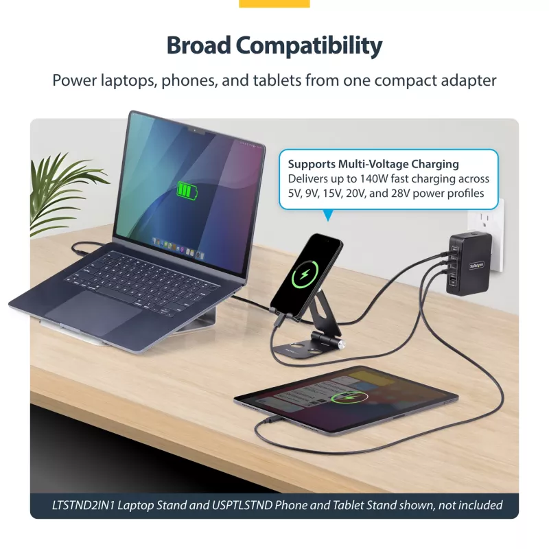 Carregador de parede StarTech.com 140W USB-C, 3x USB-C/1x USB-A, PD 3.1 fonte de alimentação GaN internacional para MacBook/Dell XPS/Inspiron
