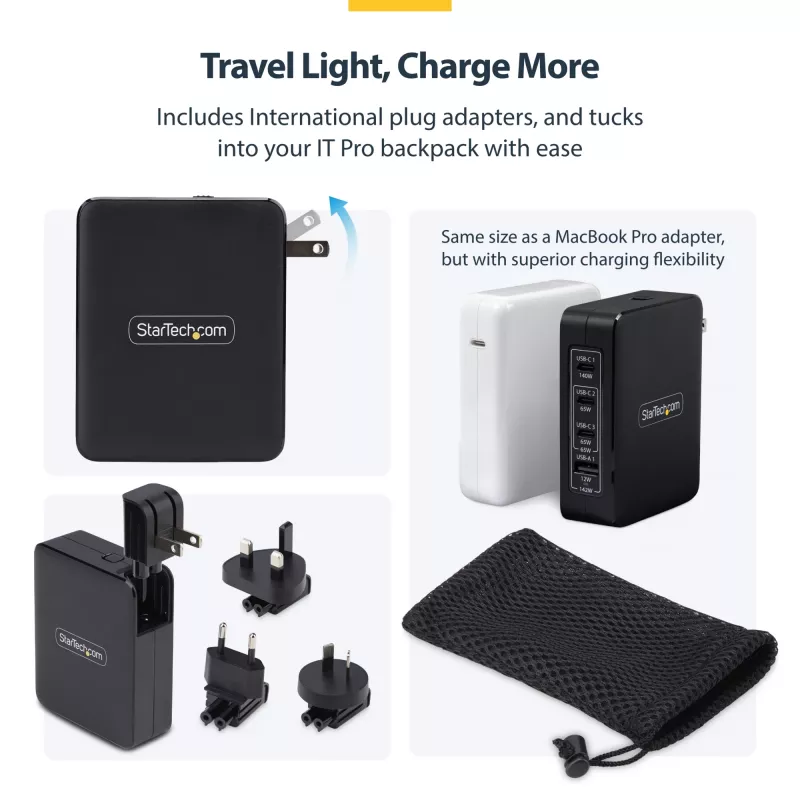 Carregador de parede StarTech.com 140W USB-C, 3x USB-C/1x USB-A, PD 3.1 fonte de alimentação GaN internacional para MacBook/Dell XPS/Inspiron