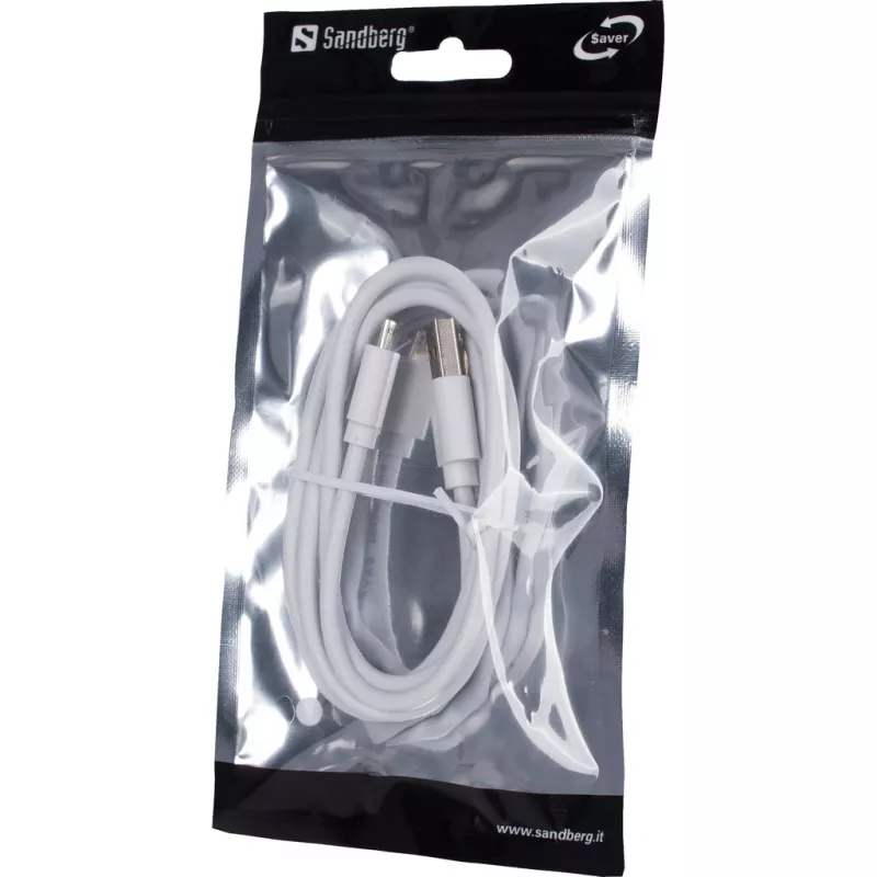 Cabo de sincronização/carregamento Sandberg MicroUSB 1m SAVER, 1 m, Micro-USB A, USB A, branco