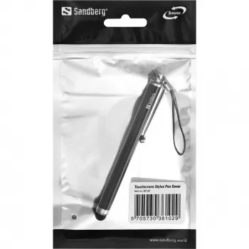 Caneta stylus para ecrã tátil Sandberg Saver, universal, qualquer marca, preto, prateado, metal, borracha, 1 unid., 100 mm