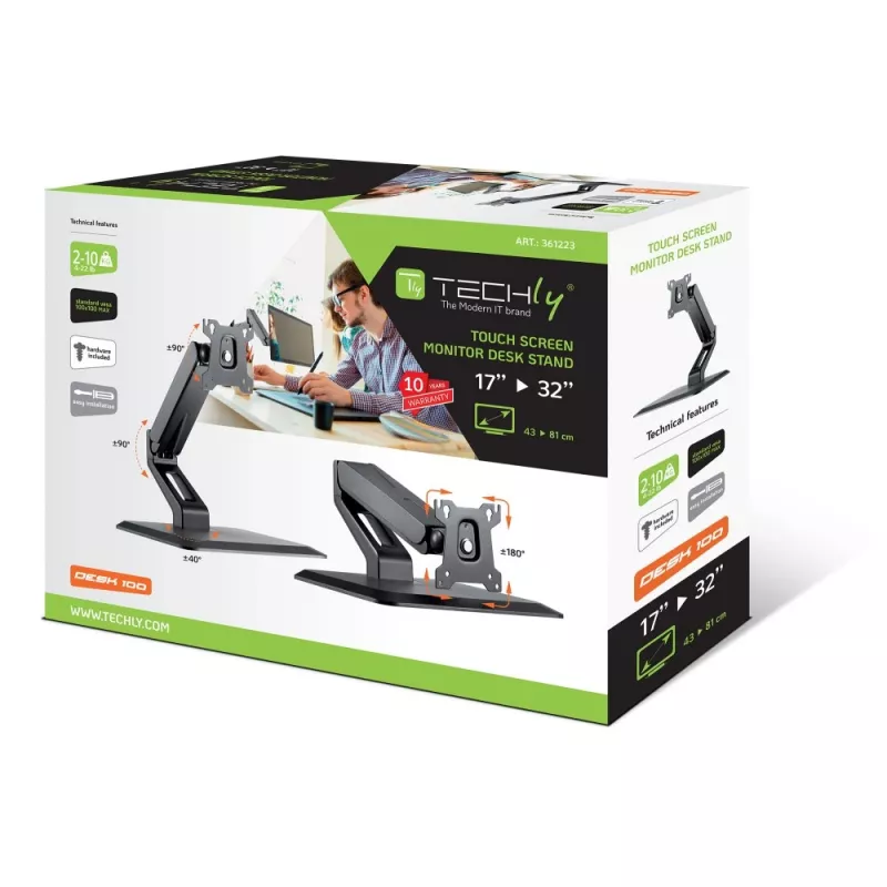 Techly ICA-LCD 35TS suporte de secretária para monitor tátil, 17-32 polegadas, até 10 kg, VESA 75x75/100x100, mola a gás, preto