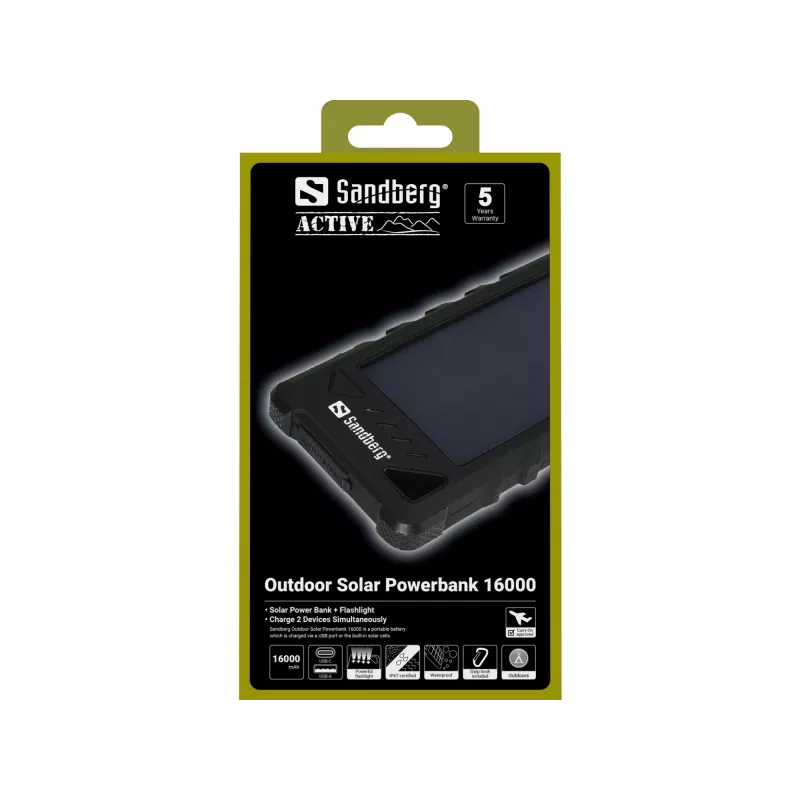 Powerbank solar para exterior Sandberg 16000, 16000 mAh, iões de lítio (Li-Ion), preto