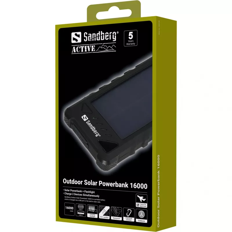 Powerbank solar para exterior Sandberg 16000, 16000 mAh, iões de lítio (Li-Ion), preto