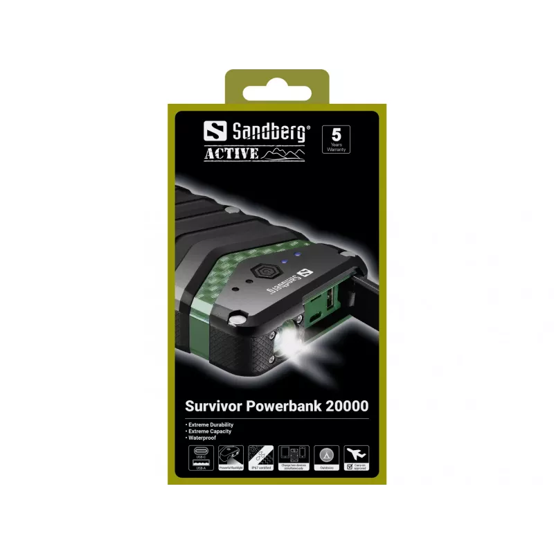 Powerbank Sandberg Survivor 20000, 20000 mAh, iões de lítio (Li-Ion), preto, verde