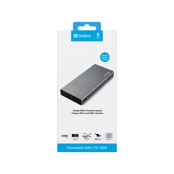 Powerbank Sandberg USB-C PD 100W 20000, 20000 mAh, iões de lítio (Li-Ion), Quick Charge 3.0, 100 W, cinzento