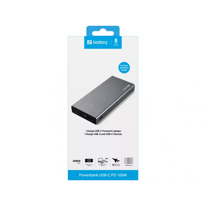 Powerbank Sandberg USB-C PD 100W 20000, 20000 mAh, iões de lítio (Li-Ion), Quick Charge 3.0, 100 W, cinzento